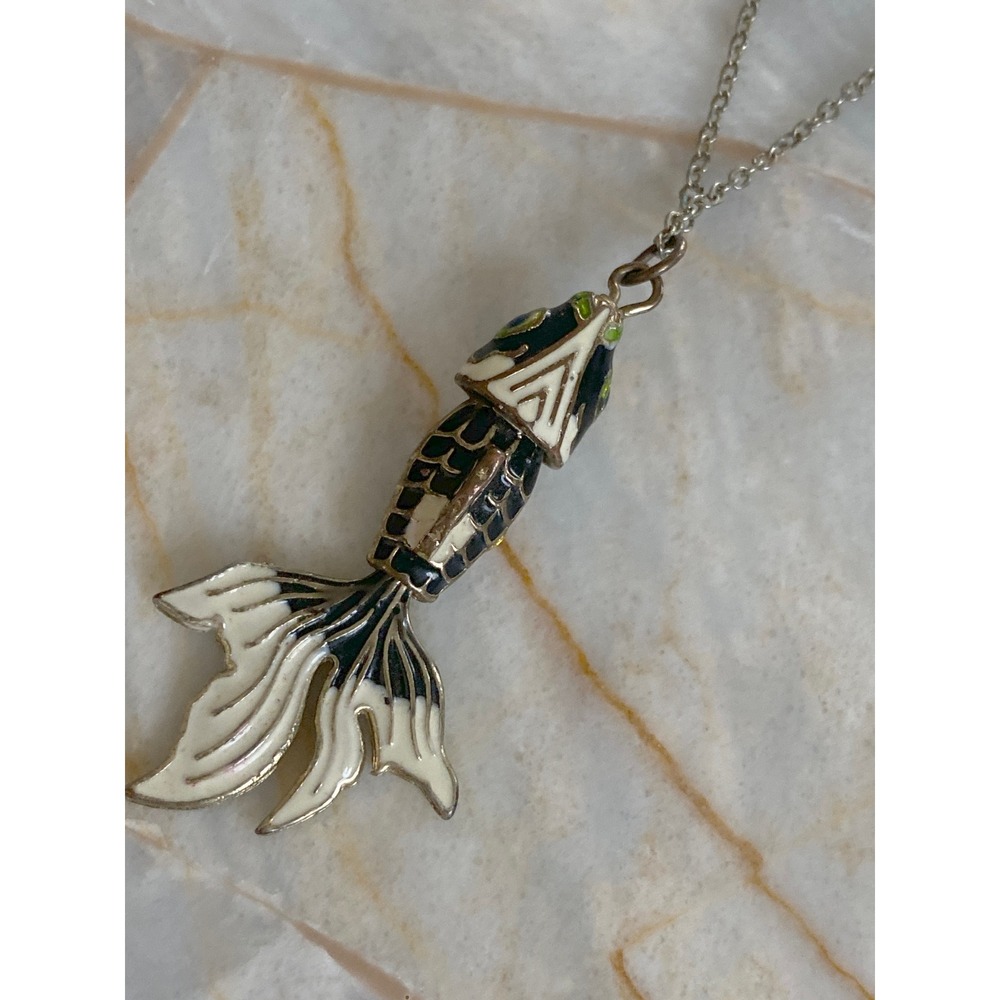 Express Articulated Koi Fish Enamel Pendant Necklace Black Cream Silver Tone NEW